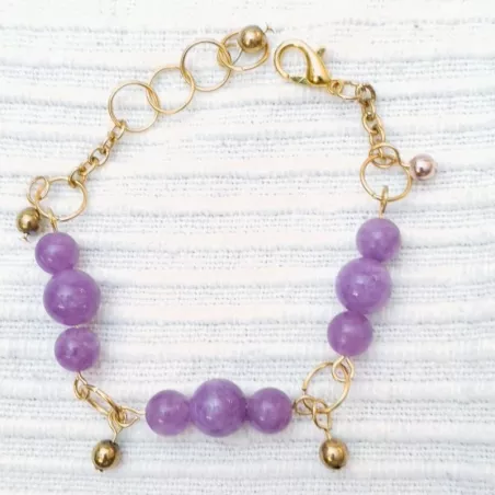 Bracelet Physalis en pierres naturelles calcédoine lilas et acier inoxydable dore Bouly&Cailloux