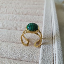 Bague Bella en acier inoxydable doré et pierre naturelle malachite