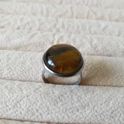 Bague Milet réglable, acier inoxydable argent, avec un beau cabochon en pierre naturelle oeil de tigre