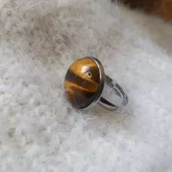 Bague Milet réglable, acier inoxydable argent, avec un beau cabochon en pierre naturelle oeil de tigre