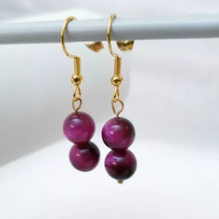Boucles doreilles pendentifs en pierres naturelles oeil de tigre rose et acier inoxydable dore Bouly&Cailloux