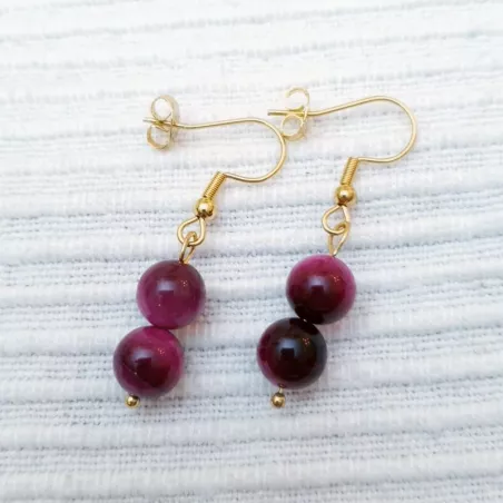 Boucles doreilles pendentifs en pierres naturelles oeil de tigre rose et acier inoxydable dore Bouly&Cailloux