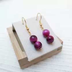 Boucles doreilles pendentifs en pierres naturelles oeil de tigre rose et acier inoxydable dore Bouly&Cailloux