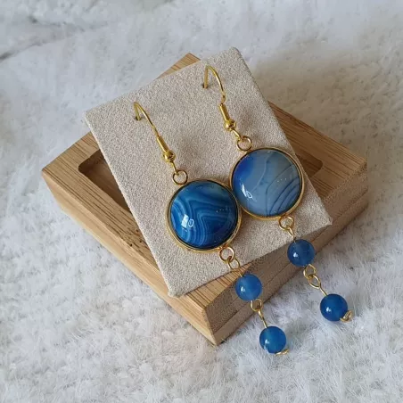 Boucles d'oreilles crochets "or" pendants bleus