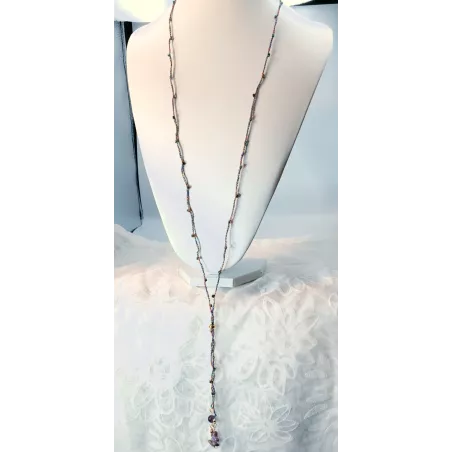 Collier crochet sautoir pierre naturelle améthyste et charoite