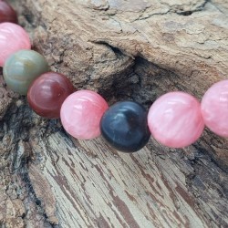 Bracelet cordon fil Lux, réglable, rhodochrosite et jaspe, pierres naturelles