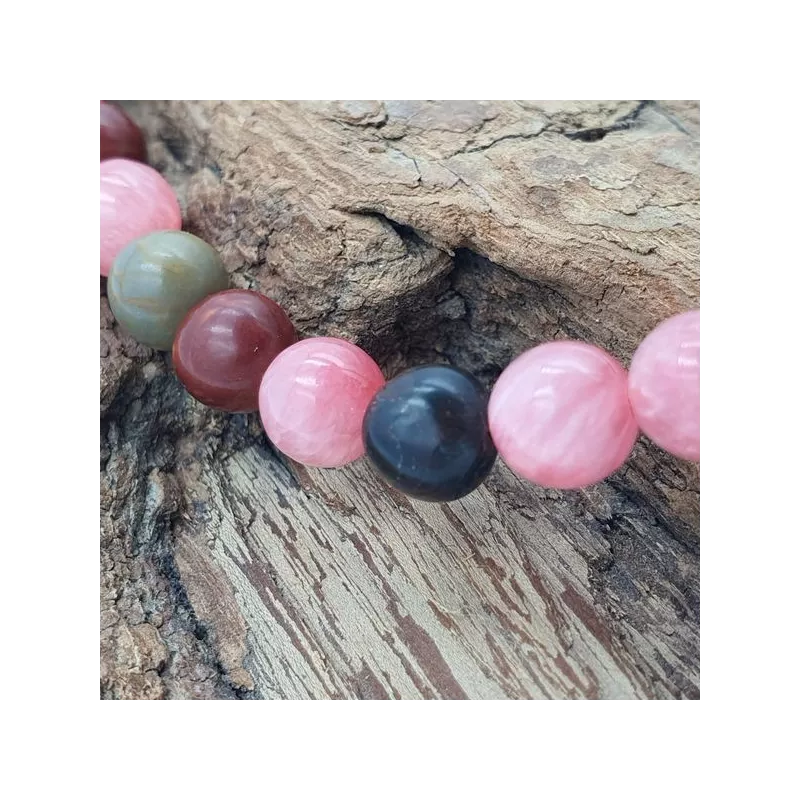 Bracelet cordon fil Lux, réglable, rhodochrosite et jaspe, pierres naturelles