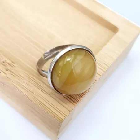 Bague Milet réglable, acier inoxydable argent, avec un beau cabochon en pierre naturelle agate