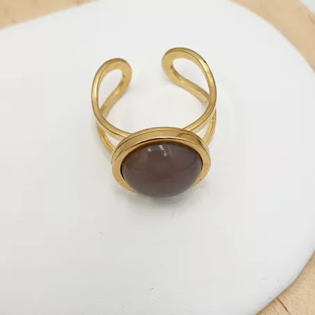 Bague Bellerose est en acier, inoxydable, doré, réglable, avec une pierre naturelle Agate indien