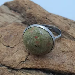 Bague Milet réglable, acier inoxydable argent, avec un beau cabochon en pierre naturelle unakite