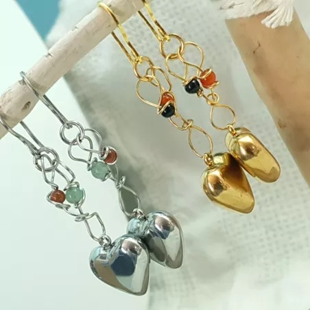 Boucles d'oreilles en acier inoxydable "or" ou "argent" avec pierres naturelles. Fait à la main en modèle Créa.
 - 