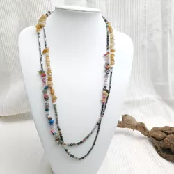 Collier long multicolore en pierres naturelles et hematite rectangulaire Bouly&Cailloux