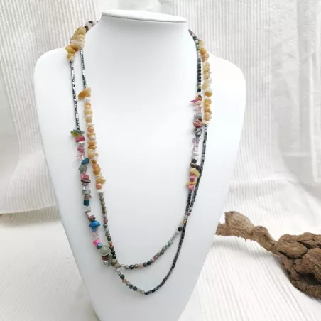 Collier long multicolore en pierres naturelles et hematite rectangulaire Bouly&Cailloux