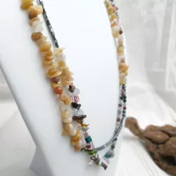 Collier long multicolore en pierres naturelles et hematite rectangulaire Bouly&Cailloux