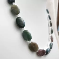 Collier fil crochet en agate indienne pierres plates avec perles de verre et fermoir reglable Bouly&Cailloux