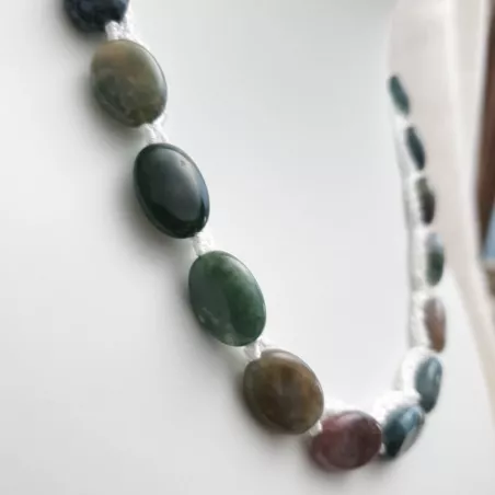 Collier fil crochet en agate indienne pierres plates avec perles de verre et fermoir reglable Bouly&Cailloux