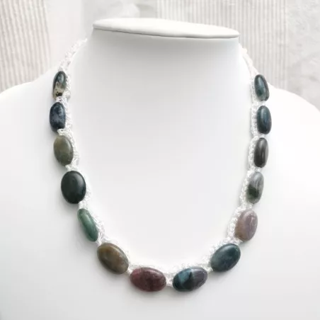 Collier fil crochet en agate indienne pierres plates avec perles de verre et fermoir reglable Bouly&Cailloux
