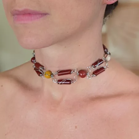 collier linum, tour de cou, agate rouge et calcédoine