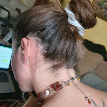 collier linum, tour de cou, agate rouge et calcédoine