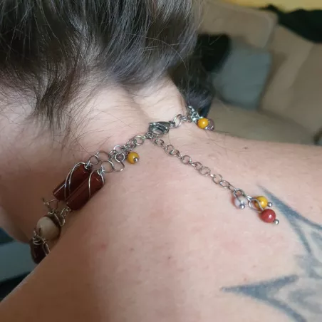 collier linum, tour de cou, agate rouge et calcédoine