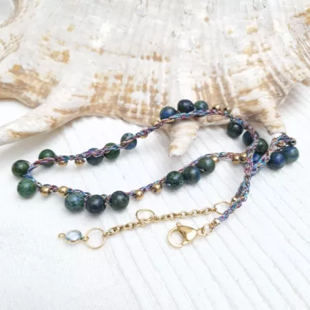 Collier fil crochet court avec pierres naturelles phoenix et breloques dorees Bouly&Cailloux