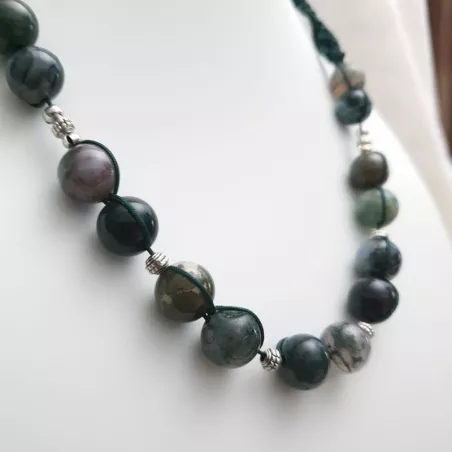 Collier fil crochet en pierres naturelles agate indienne rondes avec breloques argent Bouly&Cailloux