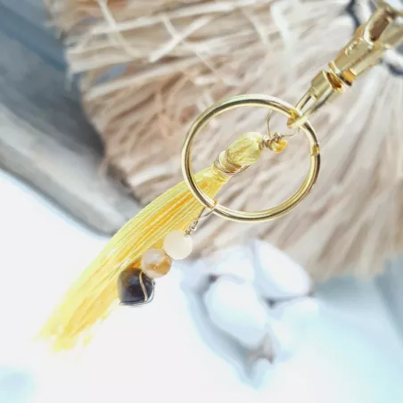 Porte-clé Pompon en acier inoxydable doré avec pompon et pierres naturelles