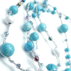 Collier crochet Setaria perle de verre, bois et pierres naturelles turquoise