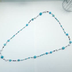 Collier crochet Setaria perle de verre, bois et pierres naturelles turquoise