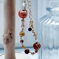 Bracelet crochet Setaria, réglable, pierres naturelles, perles de verre et bois, acier inoxydable doré