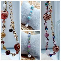 Bracelet crochet Setaria, réglable, pierres naturelles, perles de verre et bois, acier inoxydable