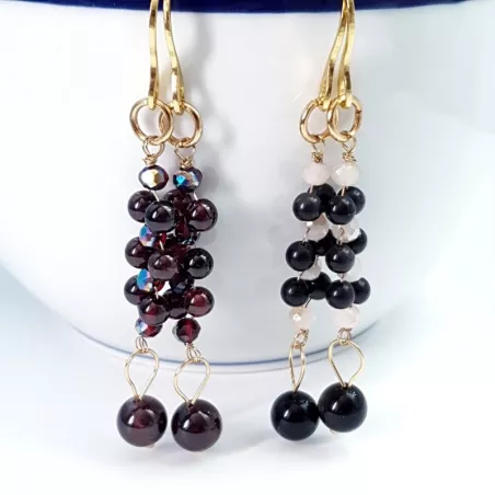 Boucles d'oreilles pendante Nono, fabriquée à la main, fil acier inoxydable doré ou argenté et pierres naturelles