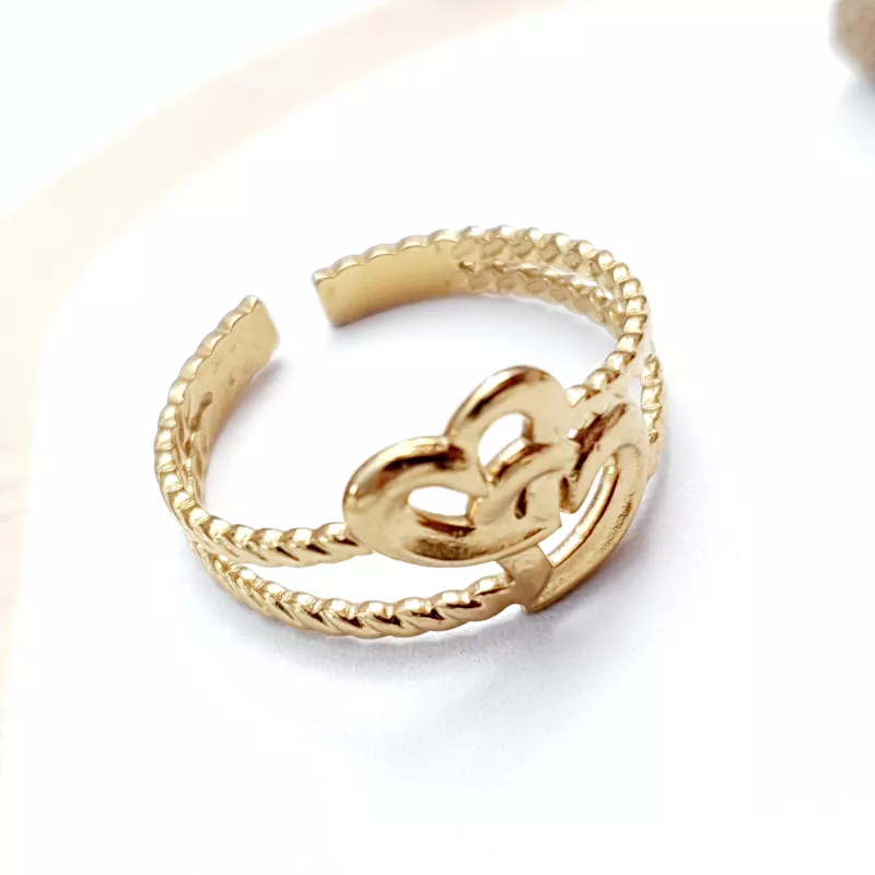 Bague Coeurs ajustable en acier inoxydable doré ou argenté