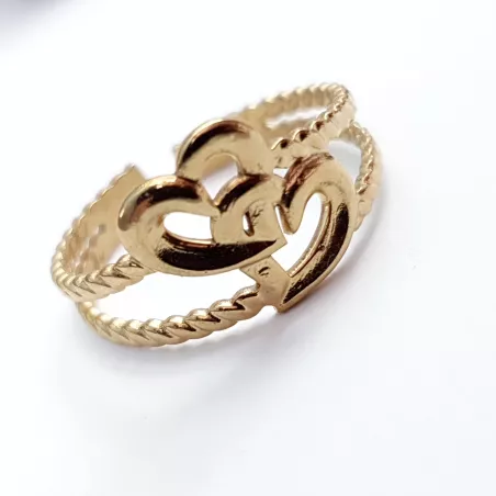 Bague Coeurs ajustable en acier inoxydable doré ou  argenté