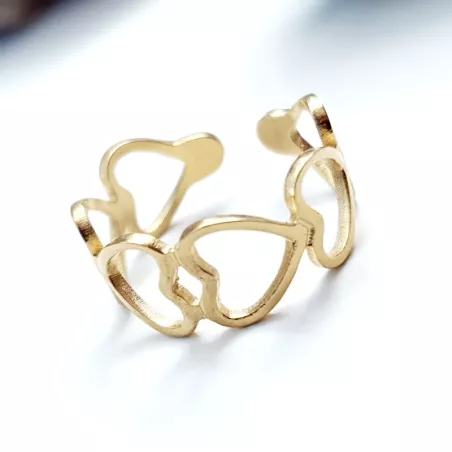Bague Bohème réglable en acier inoxydable argenté ou doré coeur