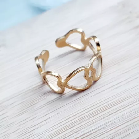 Bague Bohème réglable en acier inoxydable argenté ou doré coeur
