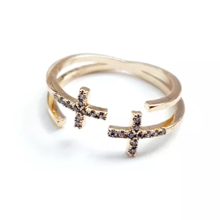 Bague Star réglable en acier inoxydable argenté ou doré et strass en croix