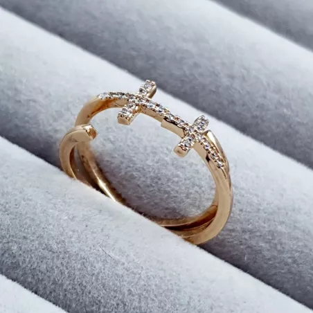 Bague Star réglable en acier inoxydable argenté ou doré et strass en croix