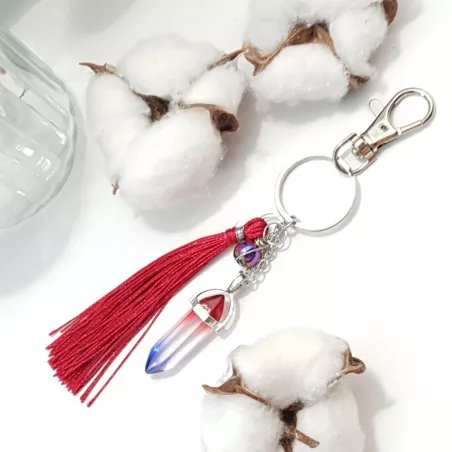 Porte-clé Dina artisanal avec pompon et pierre naturelle doré ou argenté