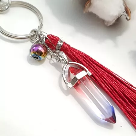 Porte-clé Dina avec pompon et pierre naturelle doré ou argenté