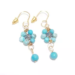 boucles d'oreilles pendantes Alysson turquoises et acier inoxydable doré forme fleurs