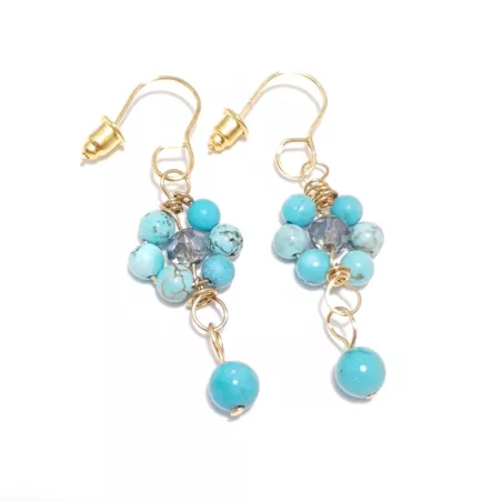 boucles d'oreilles pendantes Alysson turquoises et acier inoxydable doré forme fleurs