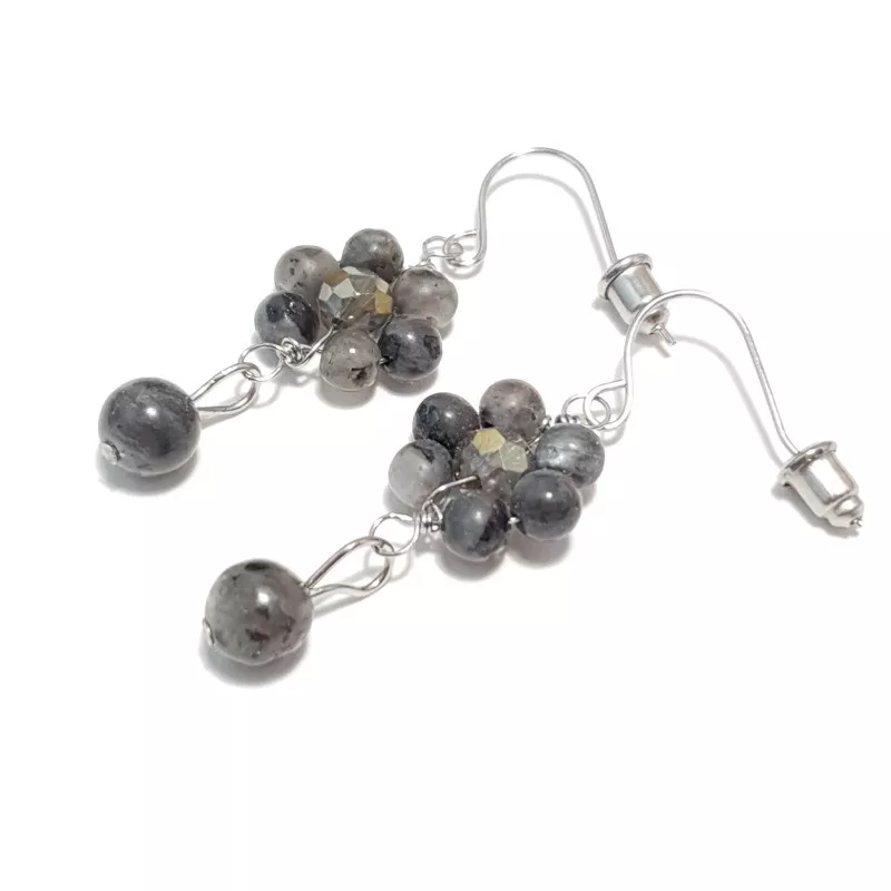 boucles d'oreilles pendantes Alysson labradorite et acier inoxydable argenté forme fleurs