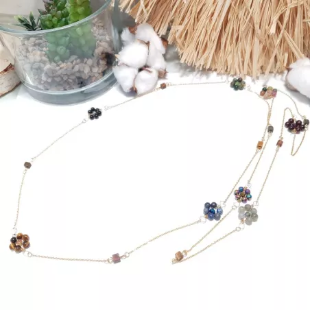 collier long rope Alysson acier inoxydable argenté ou dorée avec fleurs en pierres naturelles