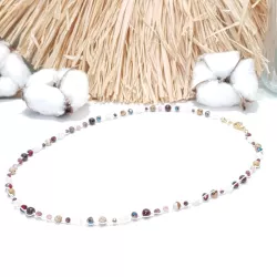 Collier crochet Pioui avec pierres naturelles quartz rose jaspe et grenat, fermoir en acier inoxydable doré