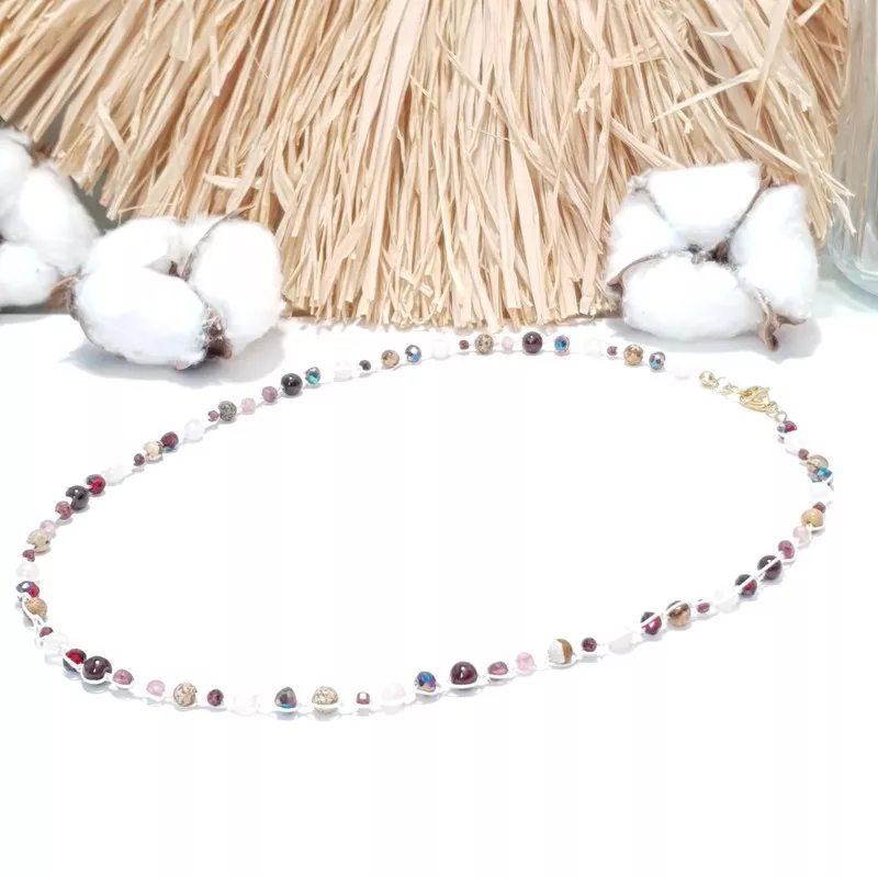 Collier crochet Pioui avec pierres naturelles quartz rose jaspe et grenat, fermoir en acier inoxydable doré