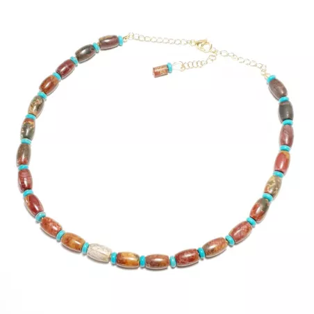 collier arenaria en pierres naturelles jaspe rouge et turquoise bleue, fermoir en acier inoxydable doré