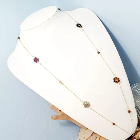 collier long rope Alysson acier inoxydable argenté ou dorée avec fleurs en pierres naturelles