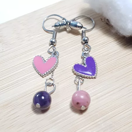 boucles passion avec un coeur et pierre naturelle, acier inoxydable