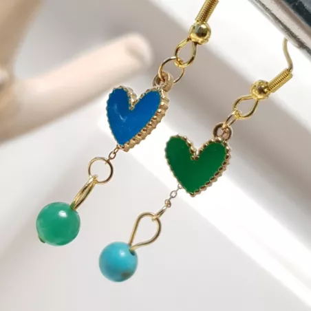 boucles passion avec un coeur et pierre naturelle, acier inoxydable